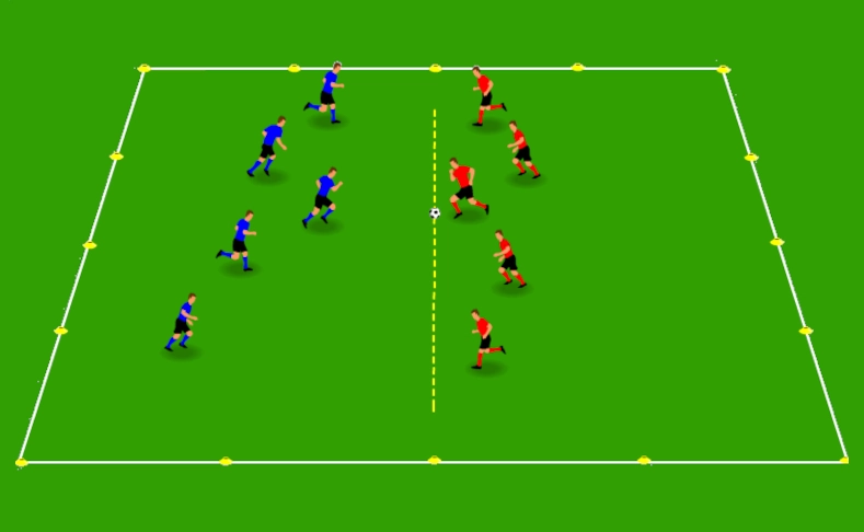 Football players using a spatial awareness drill with rugby-style offside rules and a controlled goal-line finish.